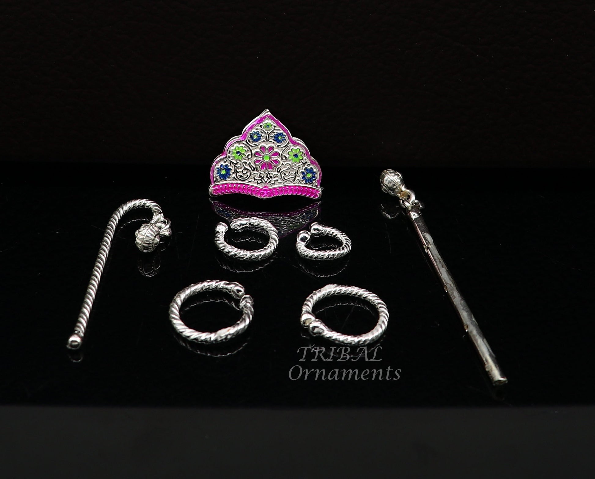 925 sterling silver handmade lord krishna laddu gopala jewelry set, bracelet, anklets, flute, mukut, best baby krishna jewlery su1005 - TRIBAL ORNAMENTS