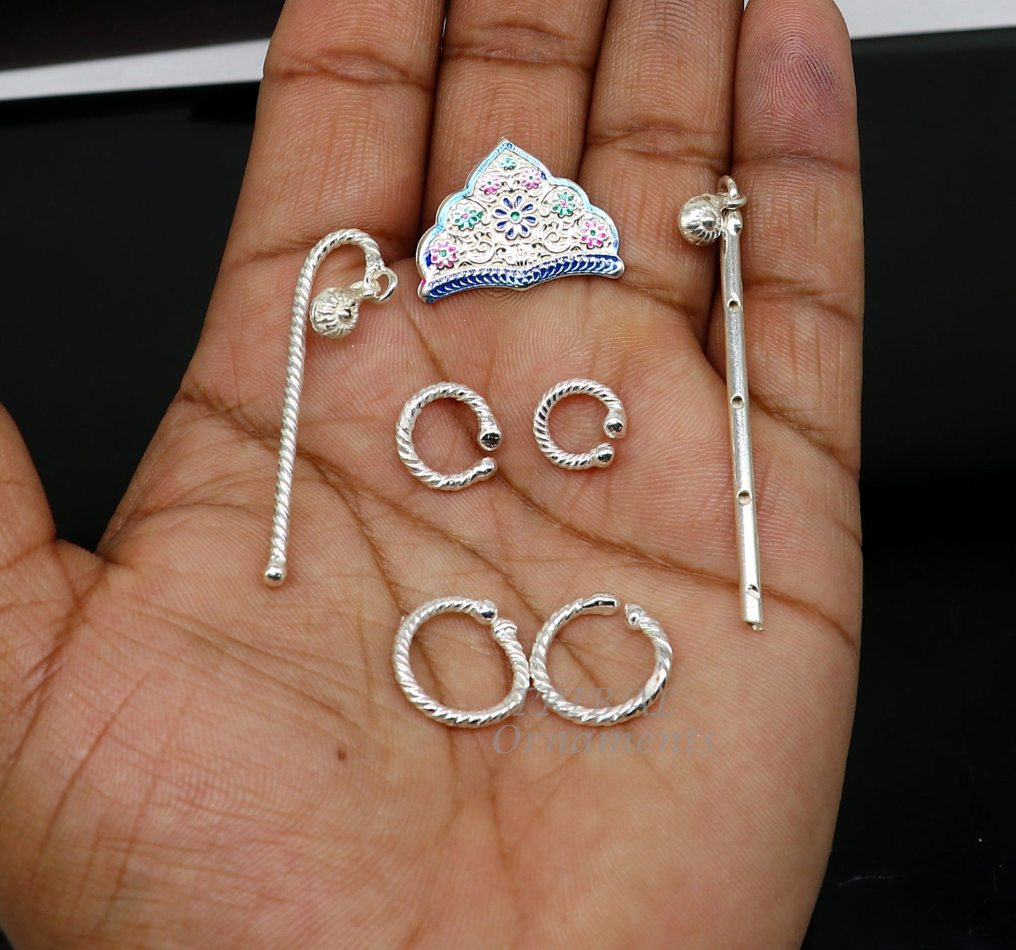 925 sterling silver handmade lord krishna laddu gopala jewelry set, bracelet, anklets, flute, mukut, best baby krishna jewlery su1006 - TRIBAL ORNAMENTS