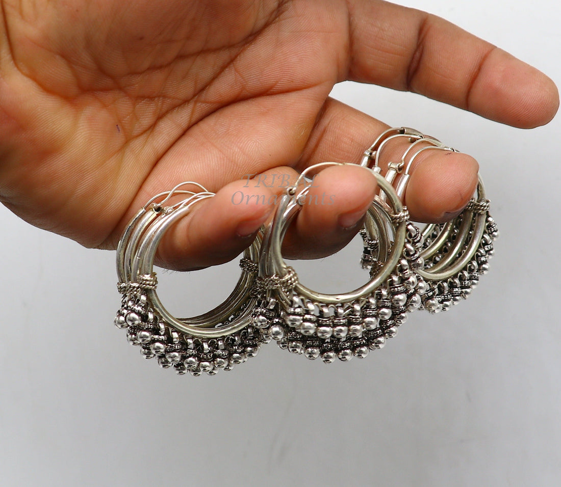 925 sterling silver handmade hoop earring, fabulous Bali pair, hanging bells, hook, hoop gifting gorgeous tribal customized jewelry s1138 - TRIBAL ORNAMENTS