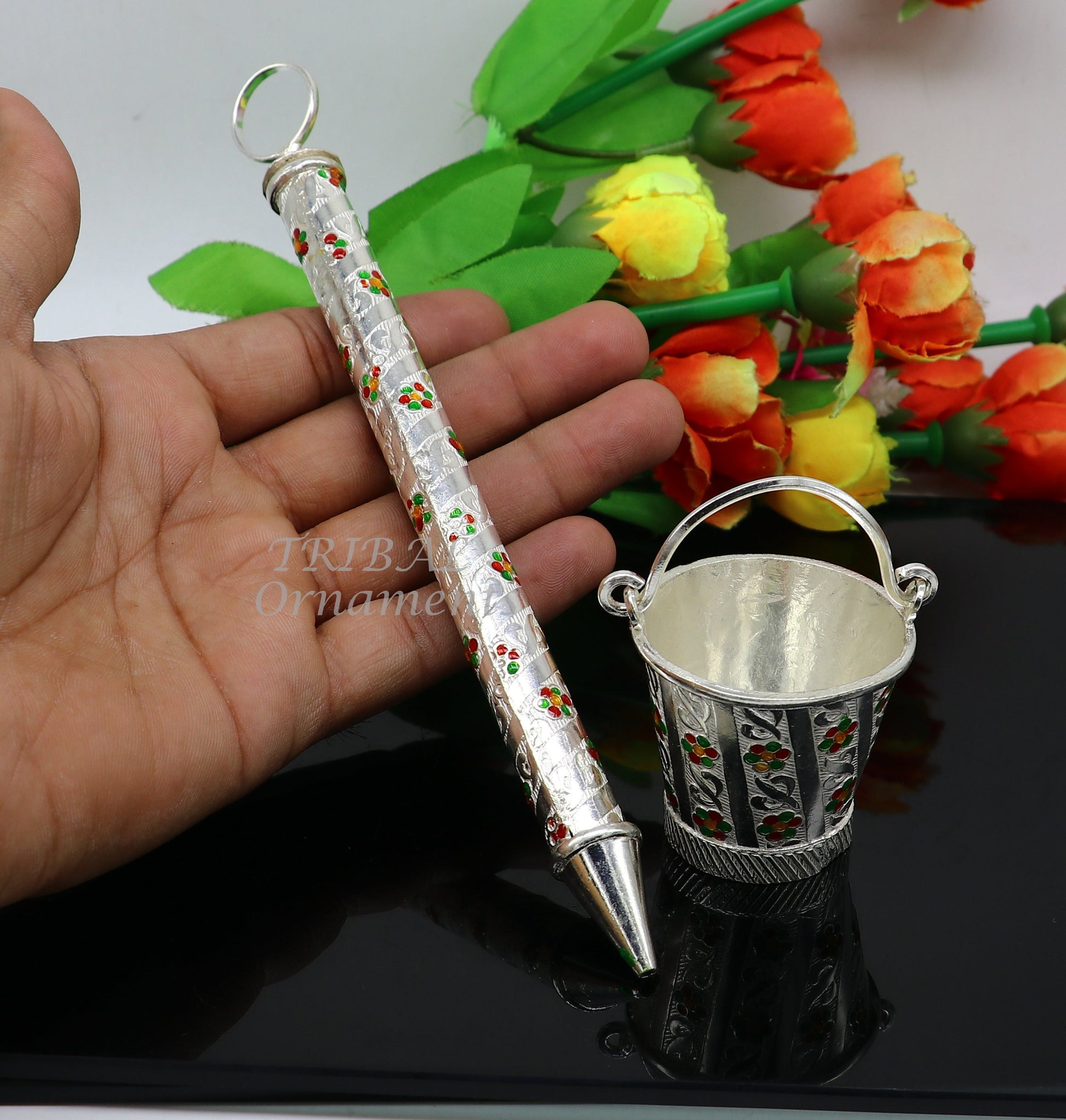 925 sterling silver new trendy Holi special Laddu Gopala colorful water Pichkari and Bucket best gift to Lord Krishna accessories su1012 - TRIBAL ORNAMENTS