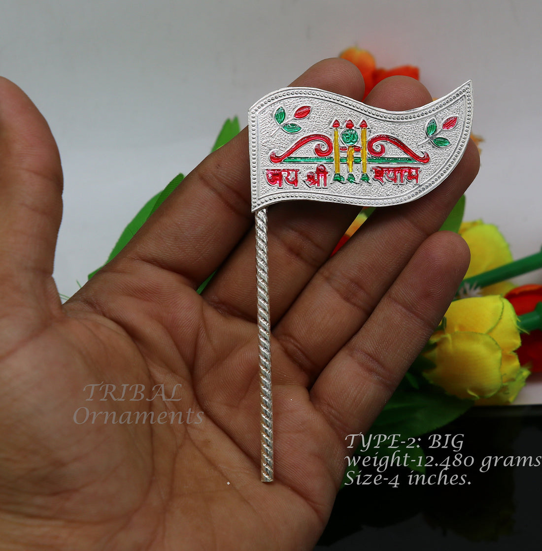 925 sterling silver handmade lork Khatu Shyam Dhwaja or flag, silver "jai shree shyam" flag best way for gifting to idols or kriahna su1017 - TRIBAL ORNAMENTS