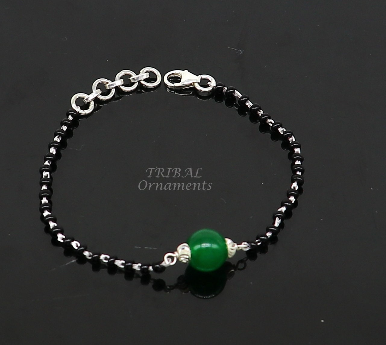 925 sterling silver customized black beads Nazariya bracelet with green onyx, Best girl's gifting bracelet stylish jewelry india sbr452 - TRIBAL ORNAMENTS