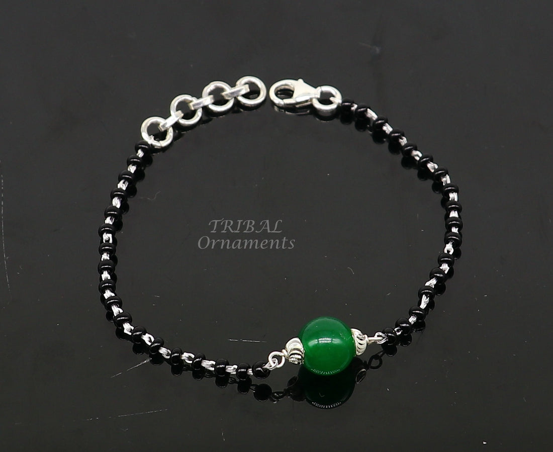 925 sterling silver customized black beads Nazariya bracelet with green onyx, Best girl's gifting bracelet stylish jewelry india sbr452 - TRIBAL ORNAMENTS