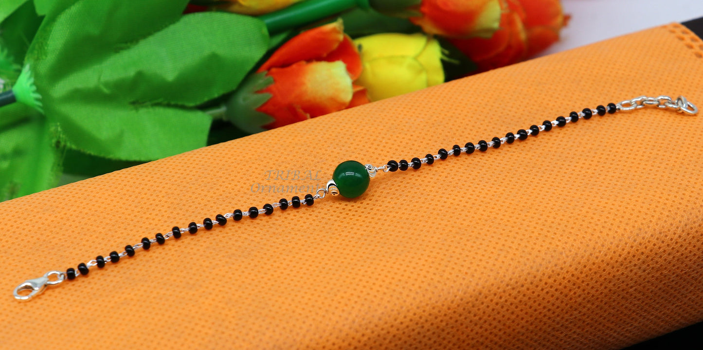 925 sterling silver customized black beads Nazariya bracelet with green onyx, Best girl's gifting bracelet stylish jewelry india sbr452 - TRIBAL ORNAMENTS