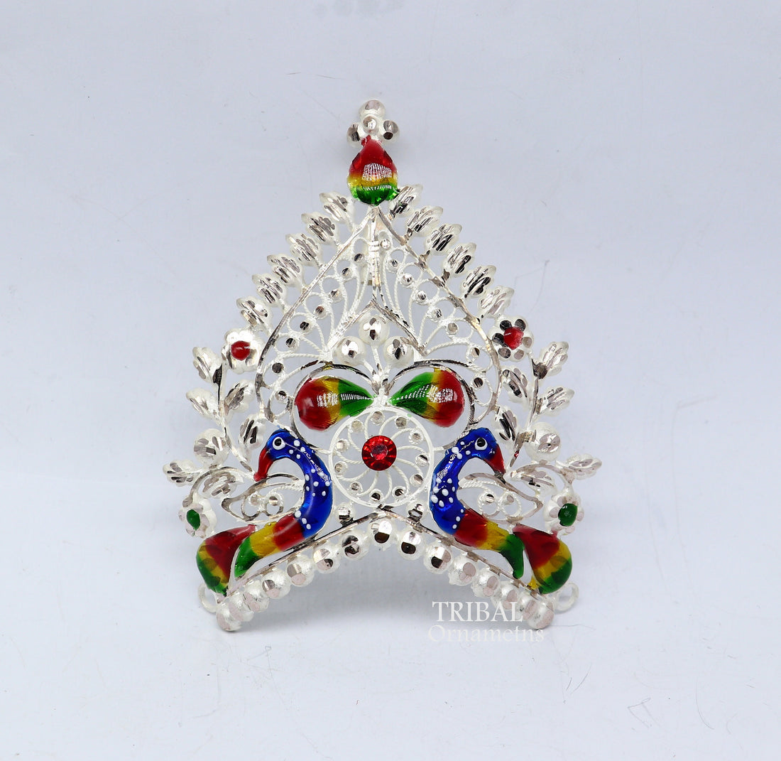 925 sterling silver vintage antique design handmade Mukut (crown), amazing peacock design silver god & goddess  crown home temple art su1021 - TRIBAL ORNAMENTS