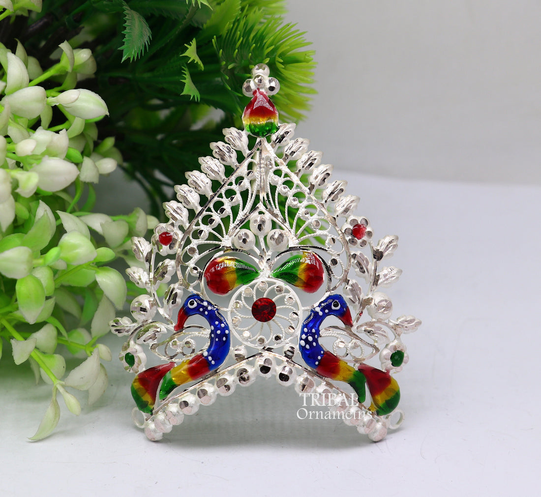 925 sterling silver vintage antique design handmade Mukut (crown), amazing peacock design silver god & goddess  crown home temple art su1021 - TRIBAL ORNAMENTS