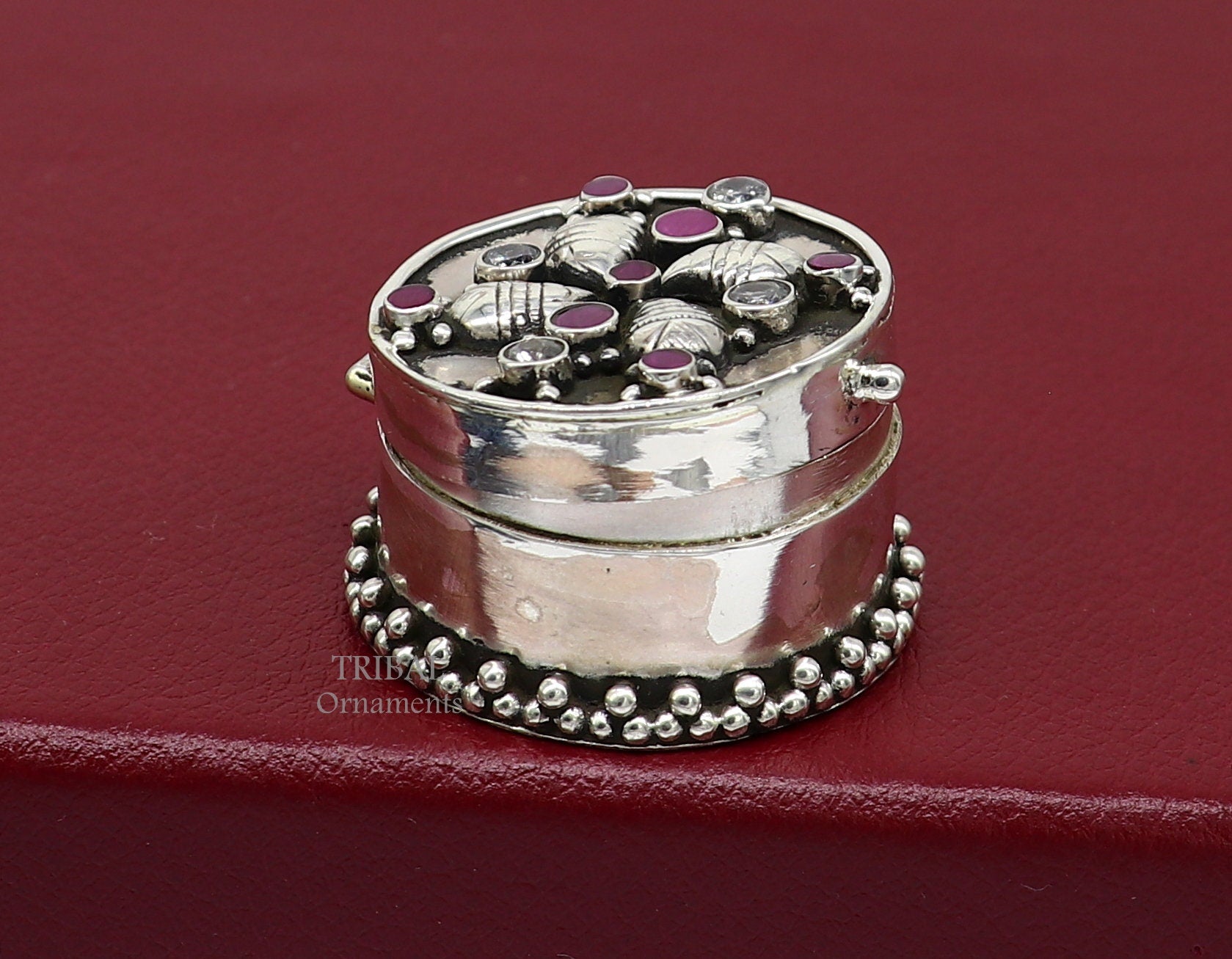 925 sterling silver Stunning stone work design cz stone trinket box, kajal eyeliner box, Sindur box brides gift silver box stb745 - TRIBAL ORNAMENTS