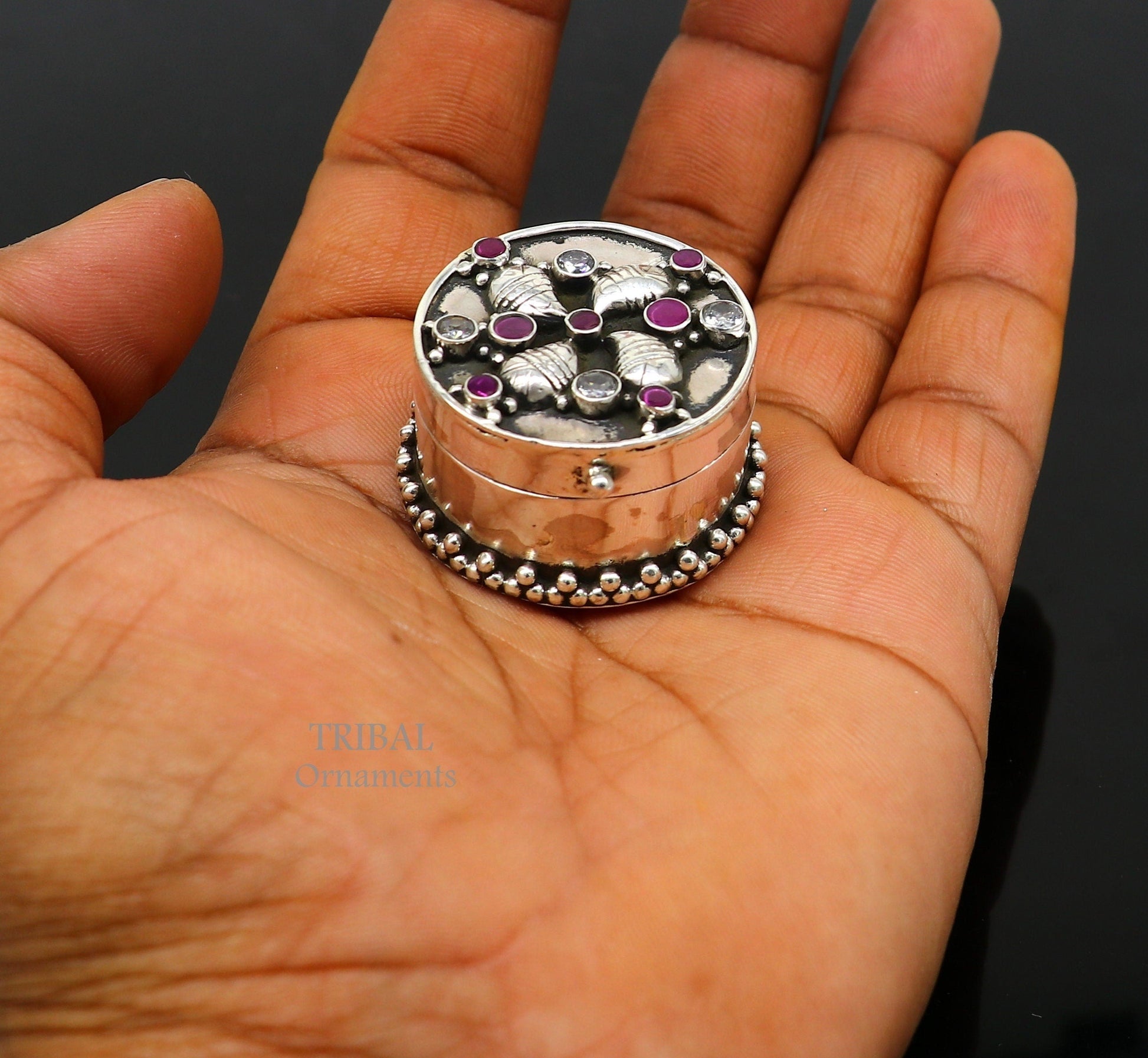 925 sterling silver Stunning stone work design cz stone trinket box, kajal eyeliner box, Sindur box brides gift silver box stb745 - TRIBAL ORNAMENTS