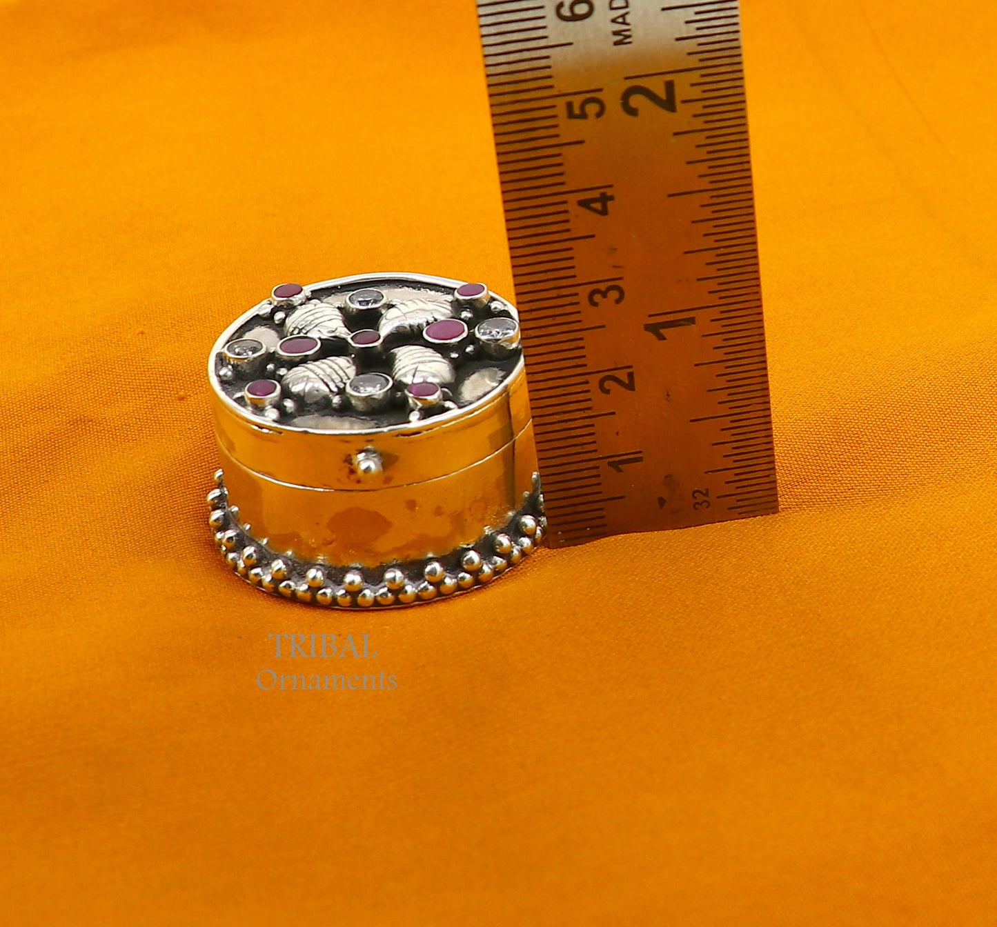 925 sterling silver Stunning stone work design cz stone trinket box, kajal eyeliner box, Sindur box brides gift silver box stb745 - TRIBAL ORNAMENTS