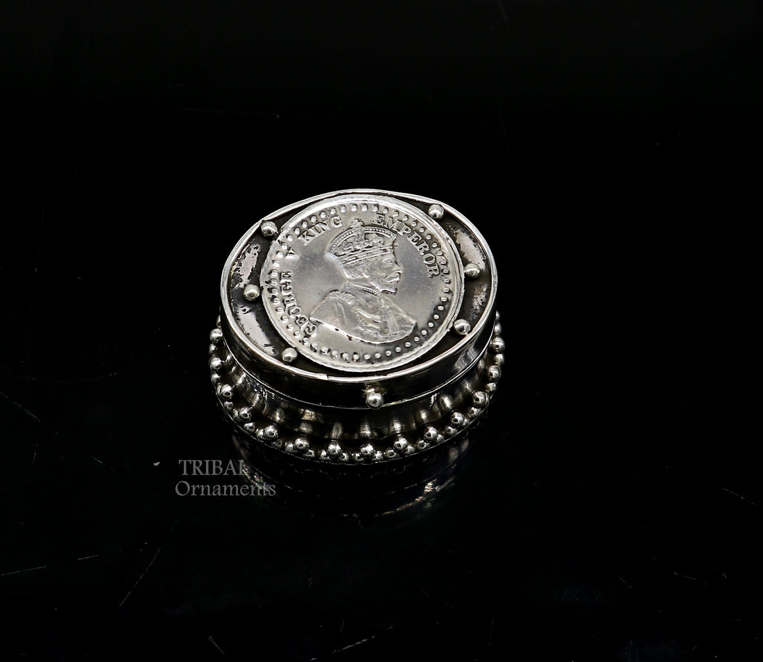 925 sterling silver Stunning George V king Emperor coin design trinket box, kajal eyeliner box, Sindur box brides gift silver box stb747 - TRIBAL ORNAMENTS