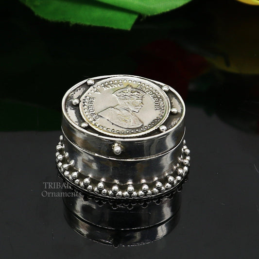 925 sterling silver Stunning George V king Emperor coin design trinket box, kajal eyeliner box, Sindur box brides gift silver box stb747 - TRIBAL ORNAMENTS