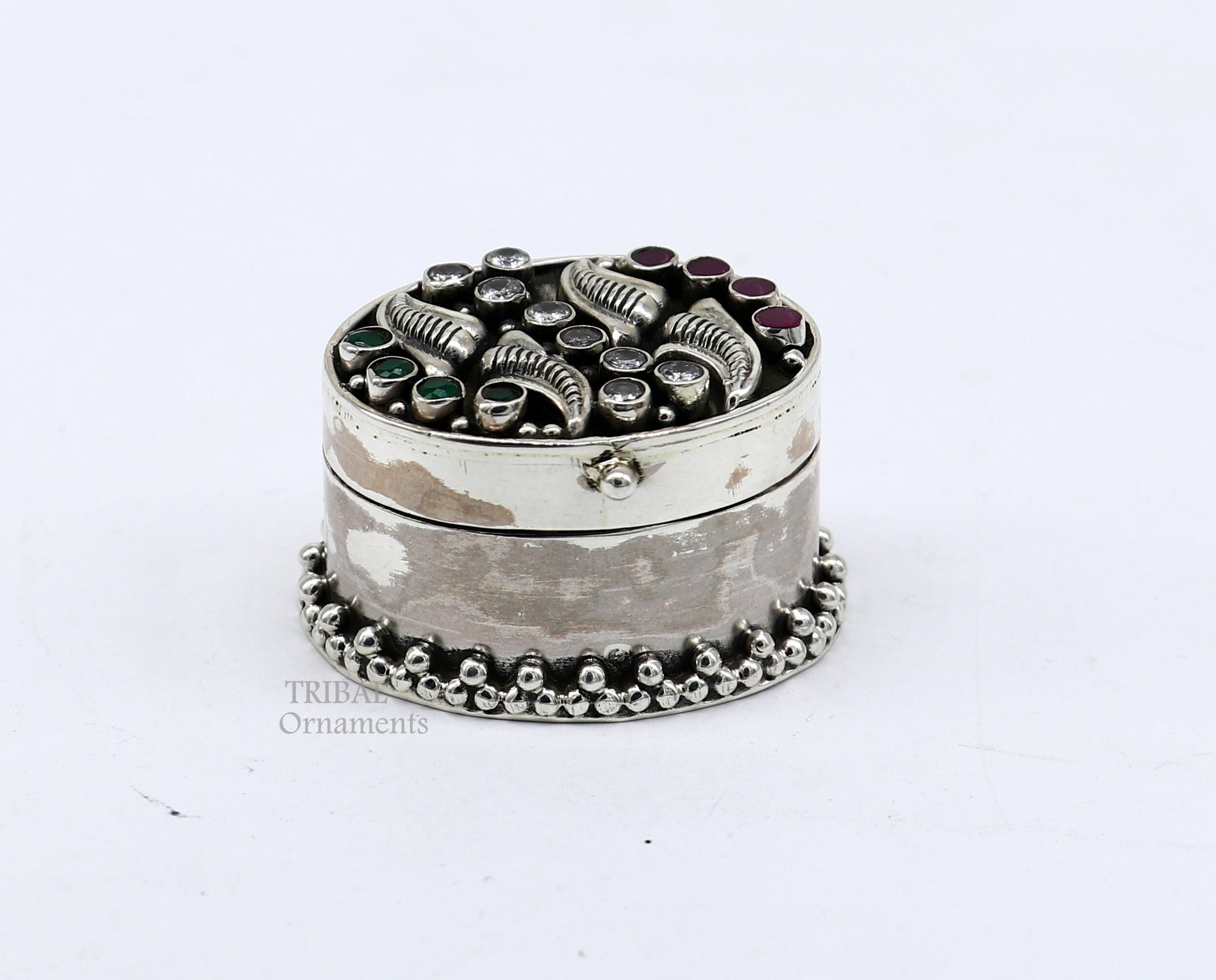 925 sterling silver unique design stone work trinket box, kajal eyeliner box, Sindur box brides gift silver box stb749 - TRIBAL ORNAMENTS