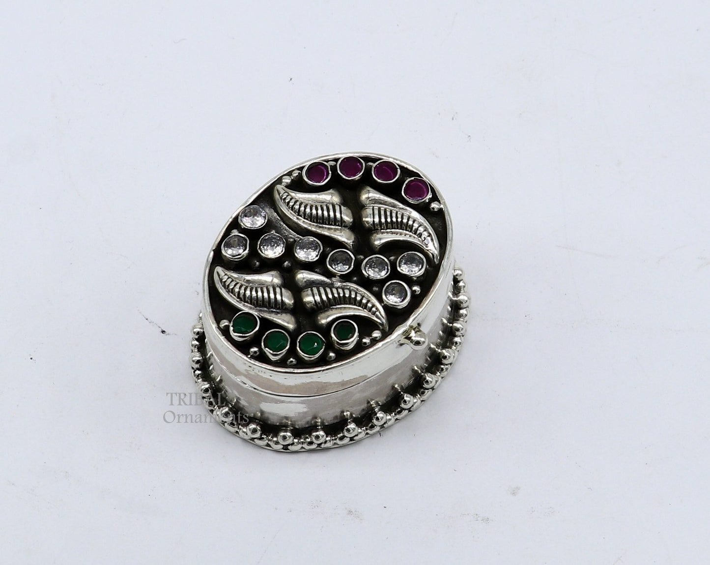 925 sterling silver unique design stone work trinket box, kajal eyeliner box, Sindur box brides gift silver box stb749 - TRIBAL ORNAMENTS