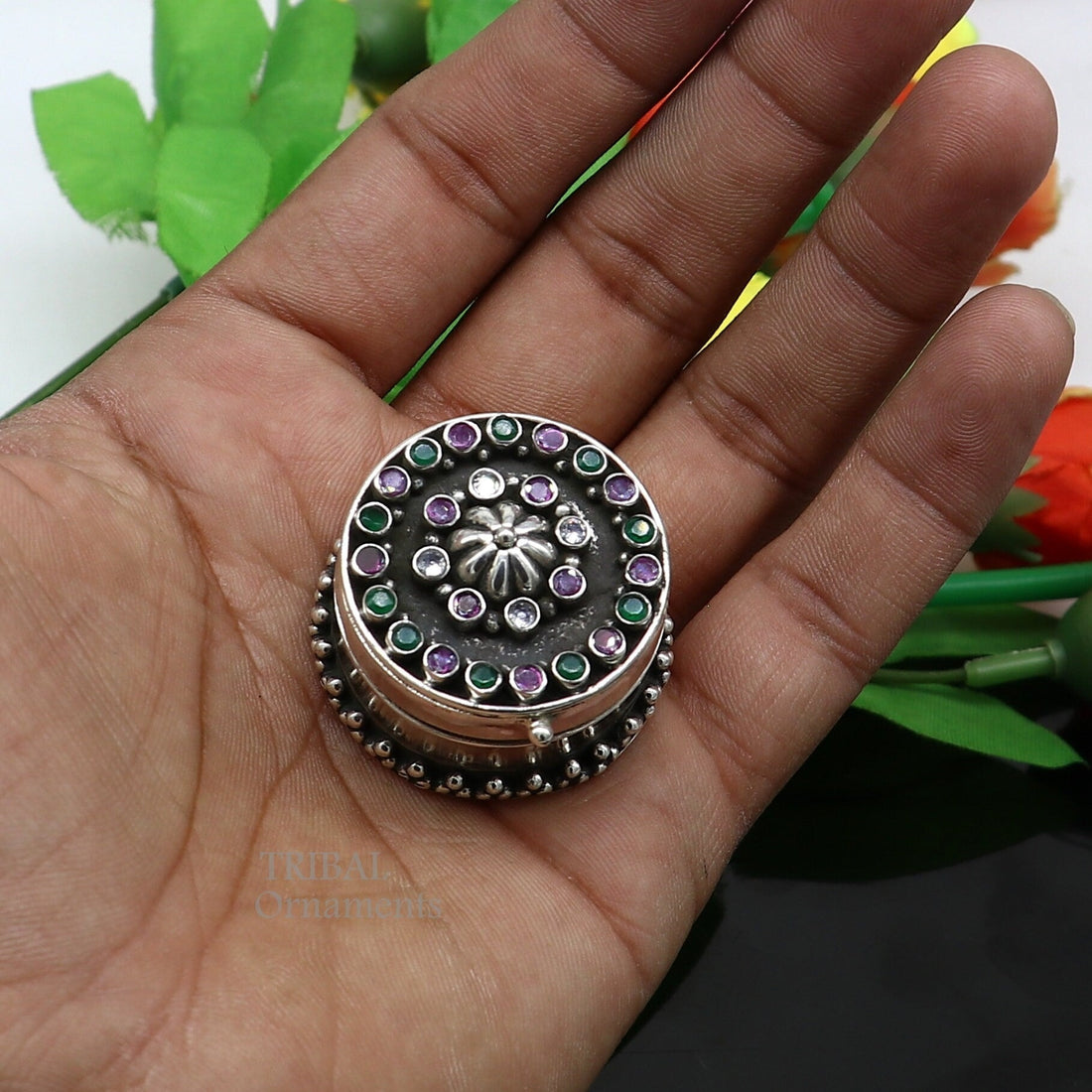 925 sterling silver unique design stone work trinket box, kajal eyeliner box, Sindur box brides gift silver box stb750 - TRIBAL ORNAMENTS