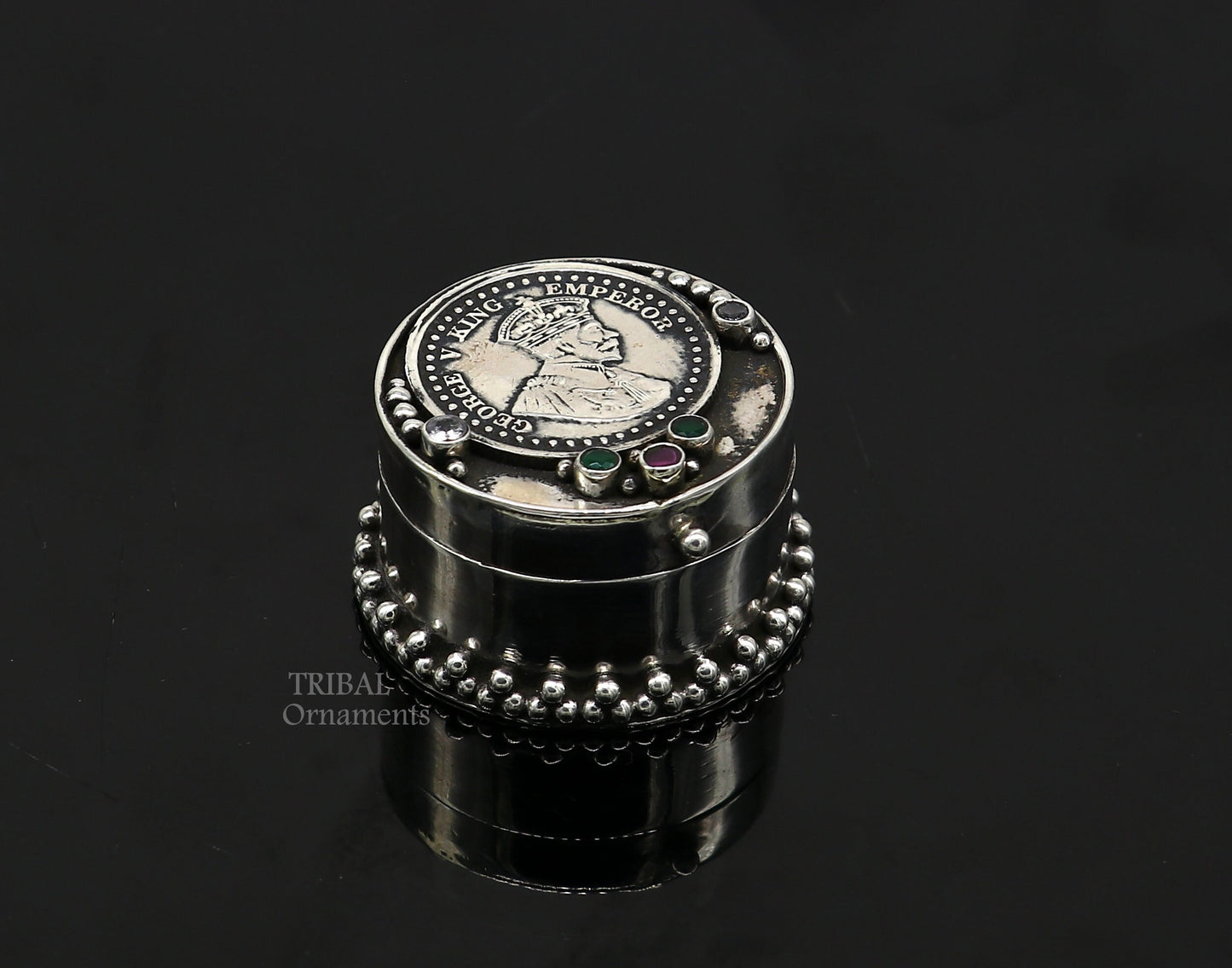 925 sterling silver unique design George v king emperor coin trinket box, kajal eyeliner box, Sindur box brides gift silver box stb751 - TRIBAL ORNAMENTS