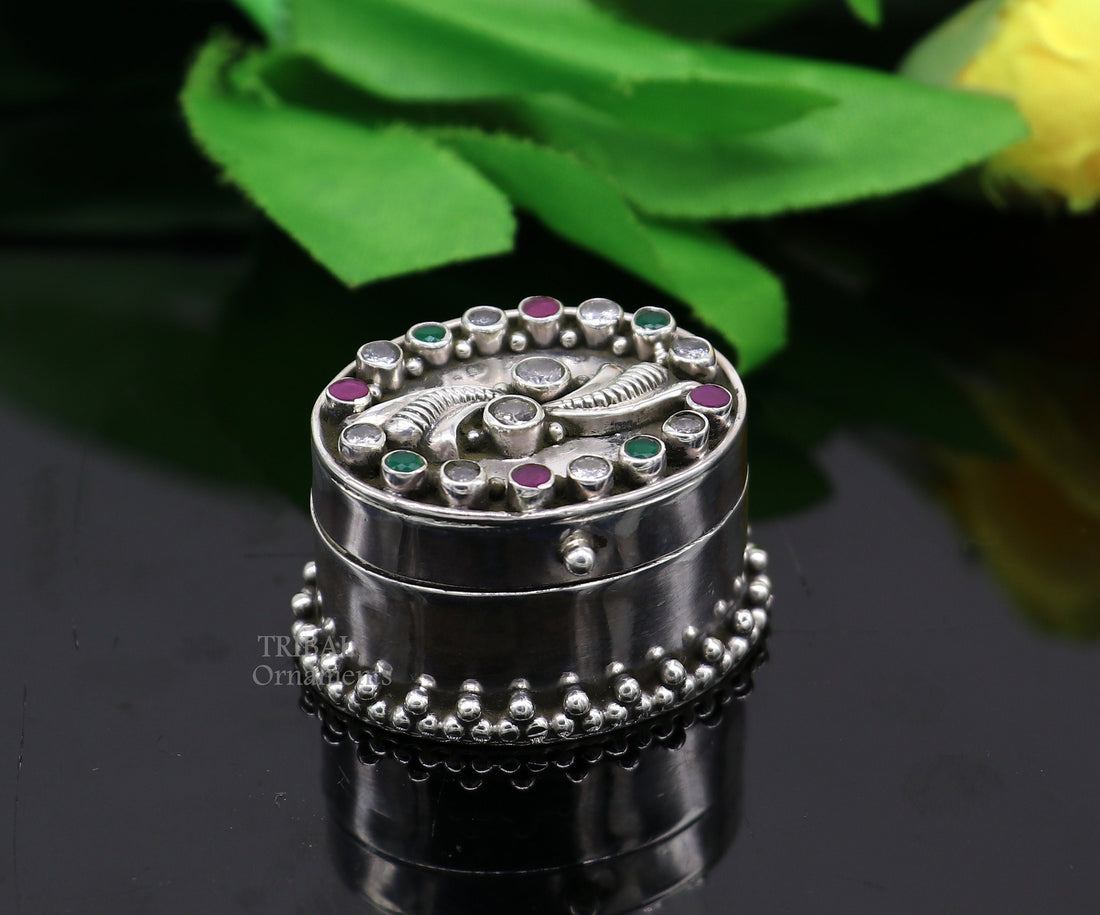 925 sterling silver unique design stone work trinket box, kajal eyeliner box, Sindur box brides gift silver box stb752 - TRIBAL ORNAMENTS