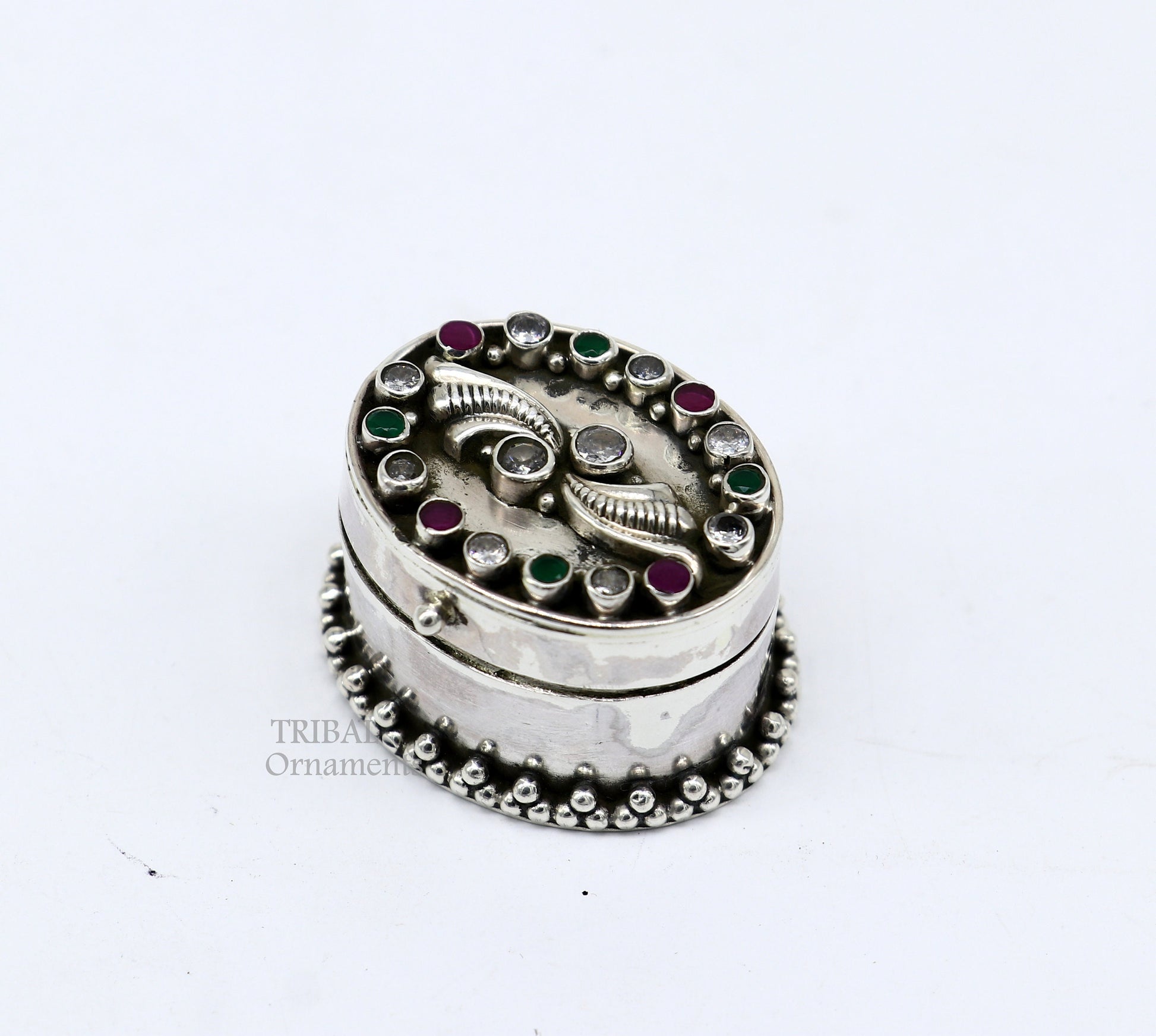 925 sterling silver unique design stone work trinket box, kajal eyeliner box, Sindur box brides gift silver box stb752 - TRIBAL ORNAMENTS