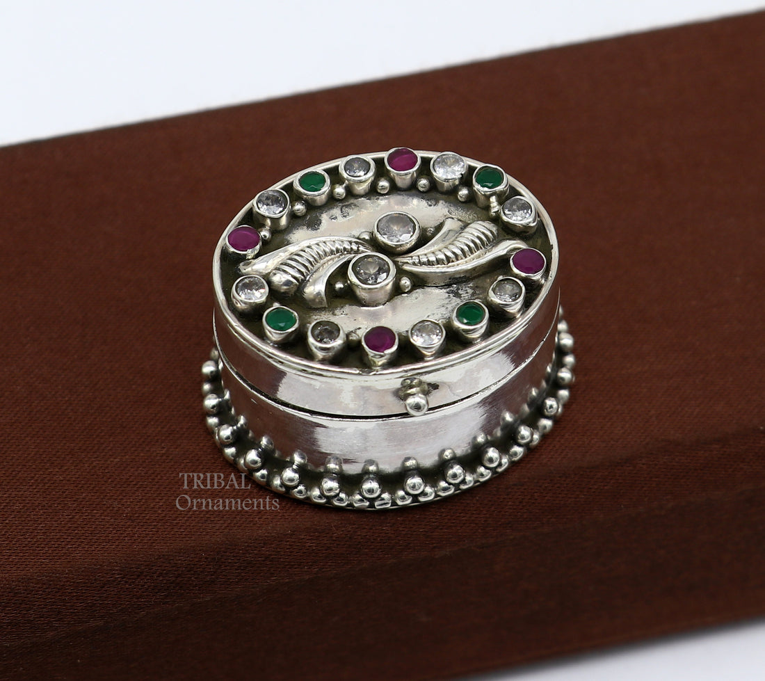 925 sterling silver unique design stone work trinket box, kajal eyeliner box, Sindur box brides gift silver box stb752 - TRIBAL ORNAMENTS