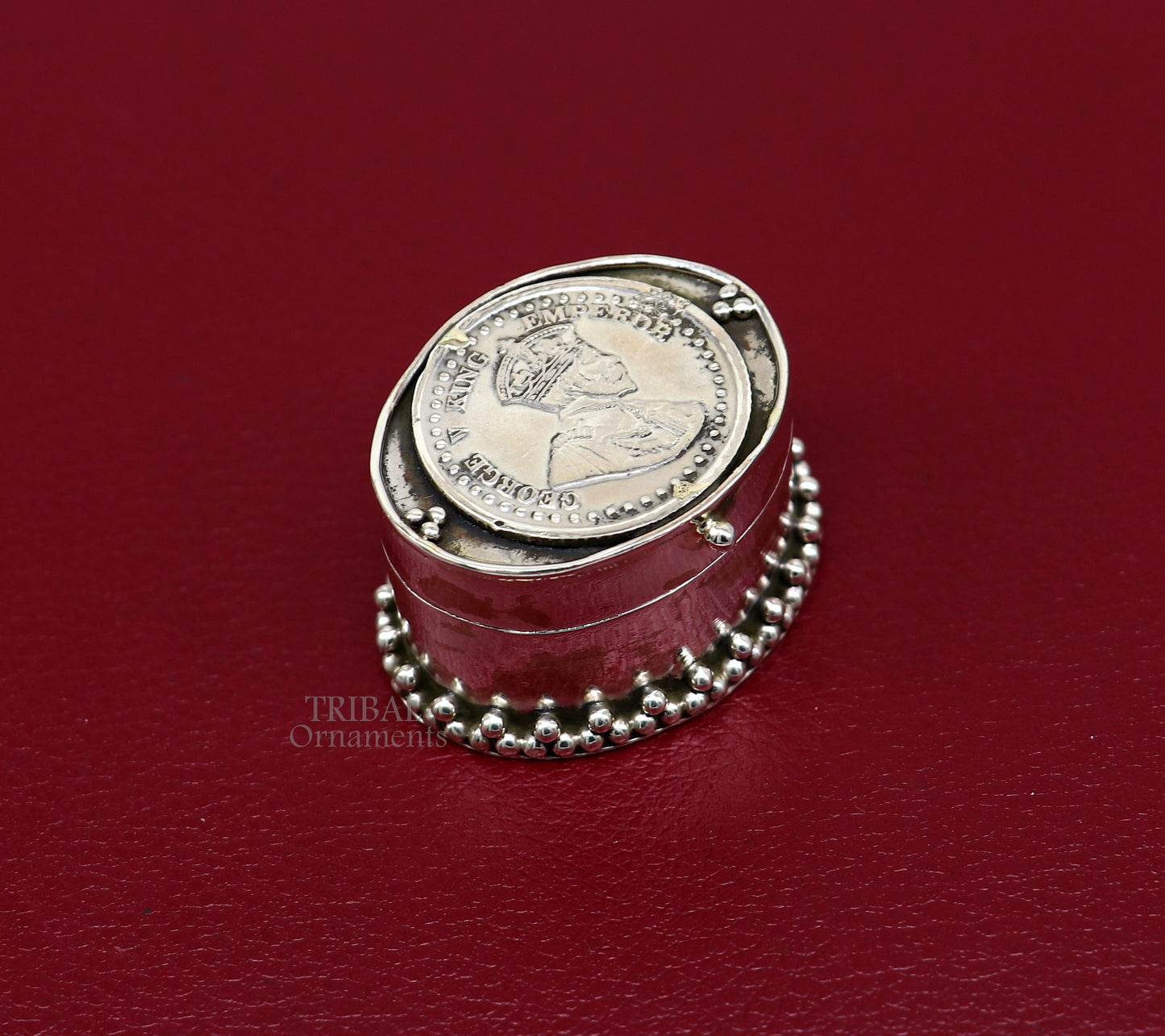 925 sterling silver unique design George v king emperor coin trinket box, kajal eyeliner box, Sindur box brides gift silver box stb763 - TRIBAL ORNAMENTS