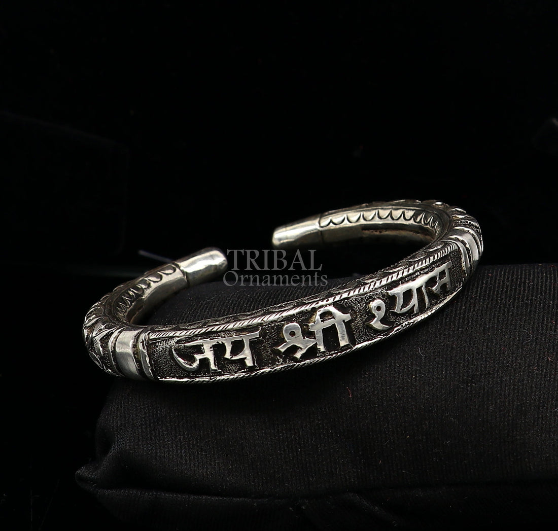 925 Sterling silver handmade chitai work "jai shree shyam" lord krishna mantra bracelet kada best divine unisex tribal ethnic jewelry nsk648 - TRIBAL ORNAMENTS