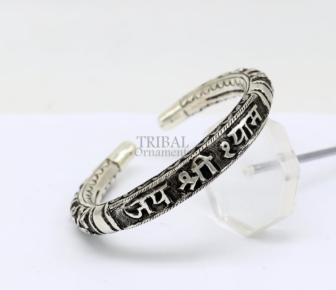 925 Sterling silver handmade chitai work "jai shree shyam" lord krishna mantra bracelet kada best divine unisex tribal ethnic jewelry nsk648 - TRIBAL ORNAMENTS