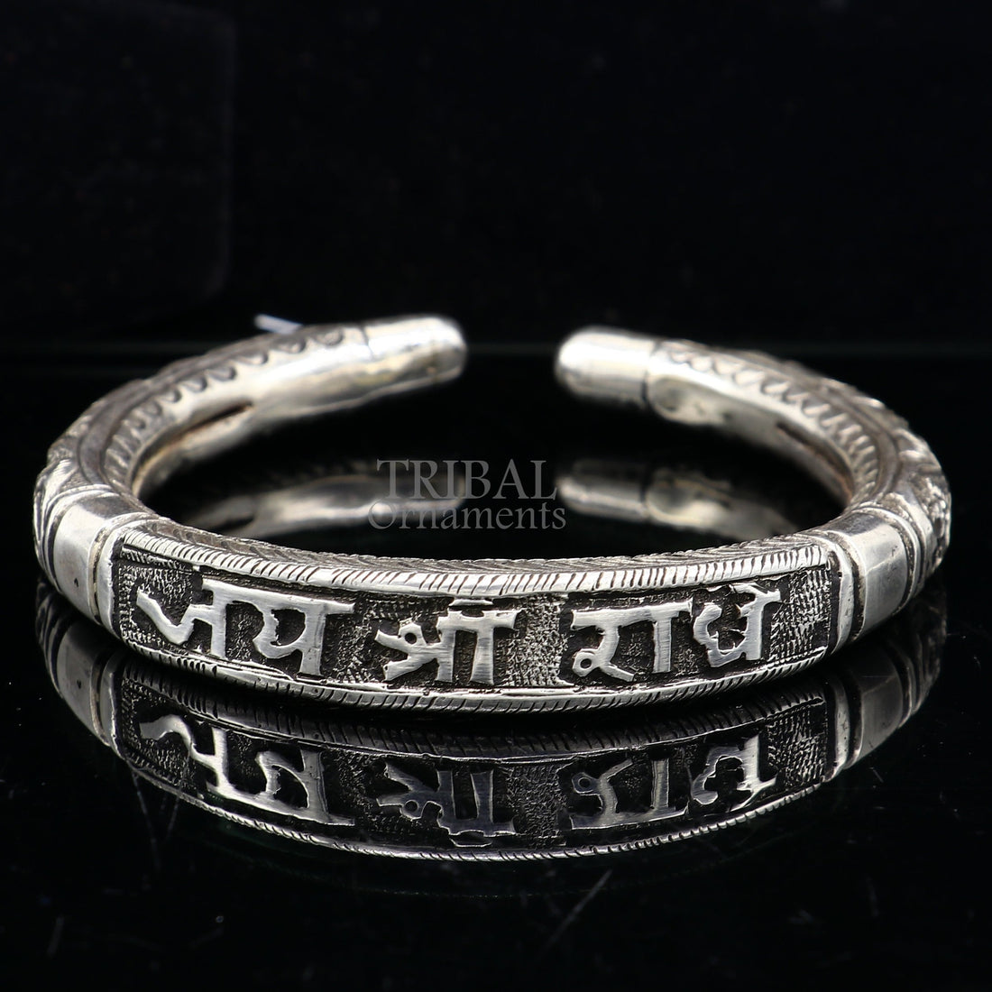925 Sterling silver handmade Nakshi work "Jai Shree Radhe" Goddess Radha mantra bracelet kada divine unisex tribal ethnic jewelry nsk652 - TRIBAL ORNAMENTS