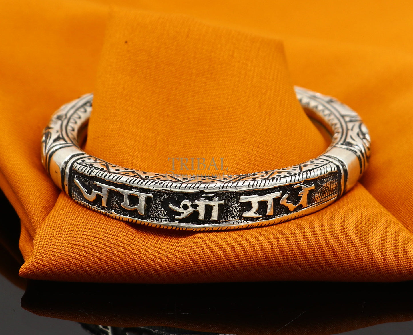 925 Sterling silver handmade Nakshi work "Jai Shree Radhe" Goddess Radha mantra bracelet kada divine unisex tribal ethnic jewelry nsk654 - TRIBAL ORNAMENTS