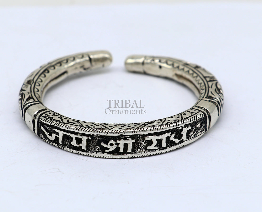 925 Sterling silver handmade Nakshi work "Jai Shree Radhe" Goddess Radha mantra bracelet kada divine unisex tribal ethnic jewelry nsk654 - TRIBAL ORNAMENTS