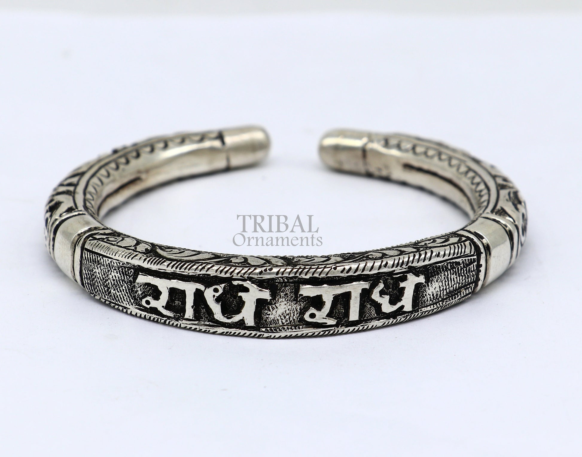 925 Sterling silver handmade Nakshi work design  "Radhe Radhe" Goddess Radha mantra bracelet kada divine unisex tribal ethnic jewelry nsk655 - TRIBAL ORNAMENTS