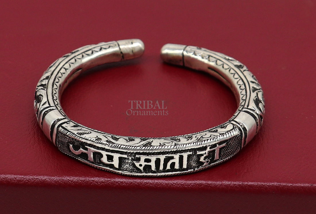 925 sterling silver handmade custom design Divine mantra " Jai Mata Di" Bangle cuff bracelet kada, best gifting unisex tribal jewelry NSK656 - TRIBAL ORNAMENTS