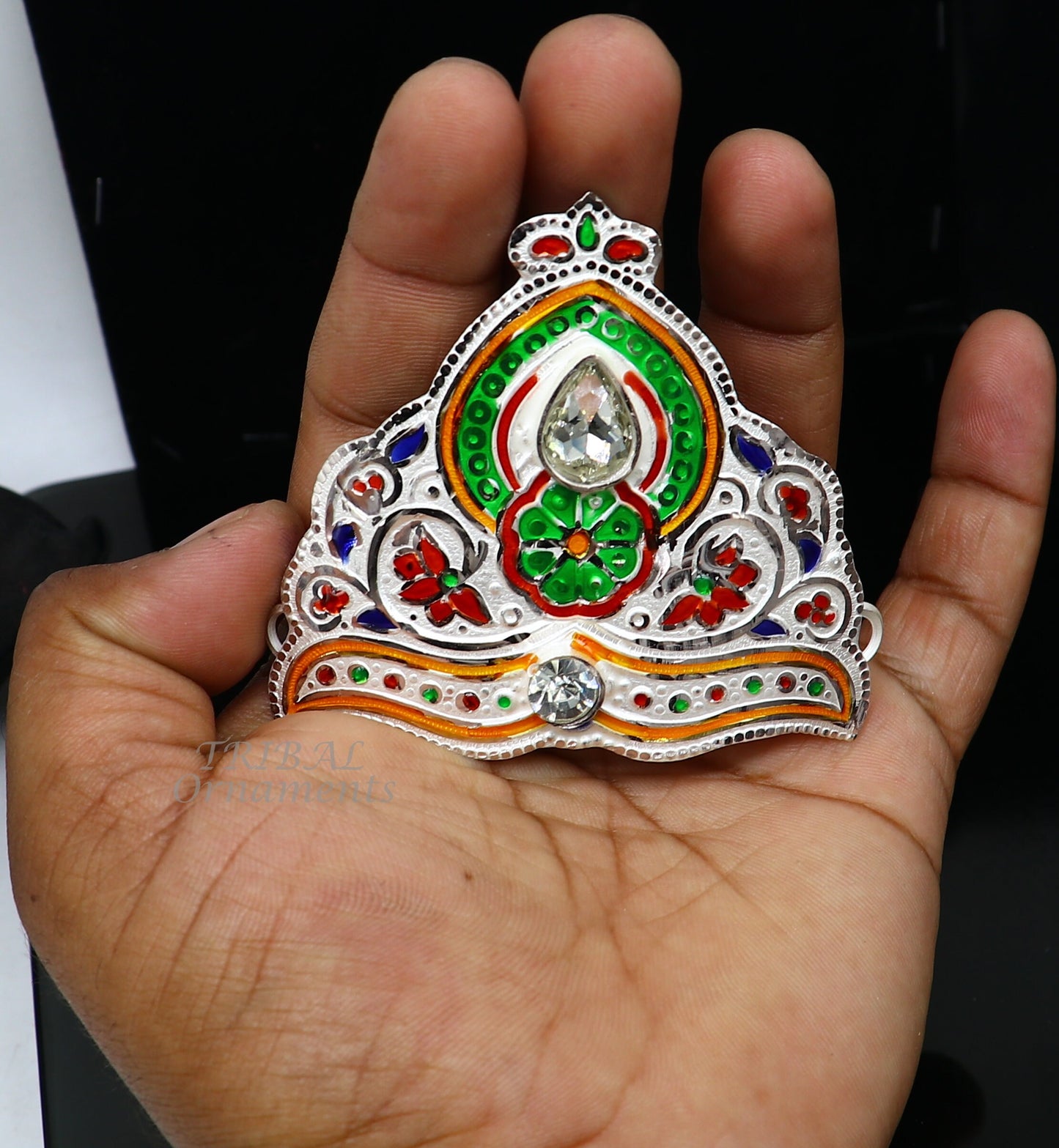 Mukut for All idols 925 sterling silver vintage enamel work design handmade mukut (crown), amazing silver god crown mukut  art su1003 - TRIBAL ORNAMENTS