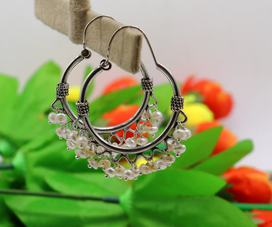 925 sterling silver handmade hoop earring, fabulous Bali, hanging pearls, hook, hoop gifting gorgeous tribal customized jewelry s1146 - TRIBAL ORNAMENTS