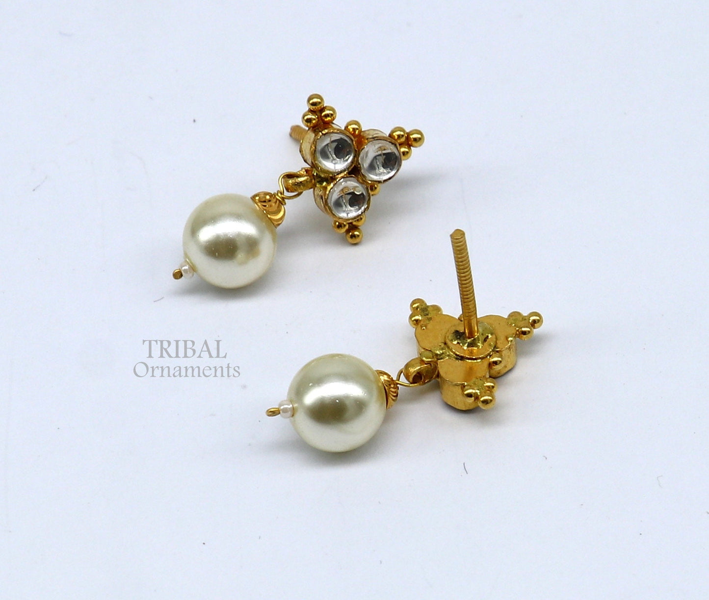 Indian traditional design handmade kundan work fabulous design 22 k 22 carat yellow gold stud earring with hanging pearl girls jewelry er168 - TRIBAL ORNAMENTS