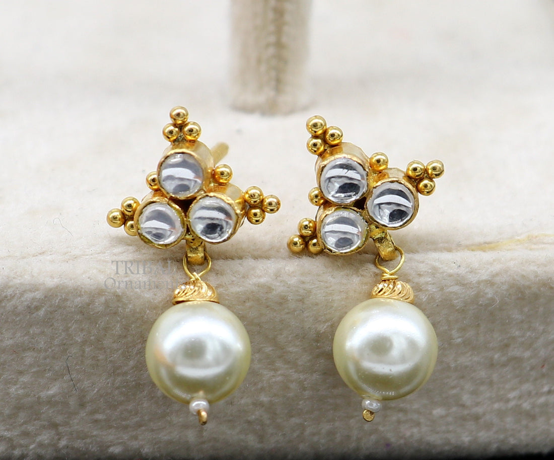 Indian traditional design handmade kundan work fabulous design 22 k 22 carat yellow gold stud earring with hanging pearl girls jewelry er168 - TRIBAL ORNAMENTS