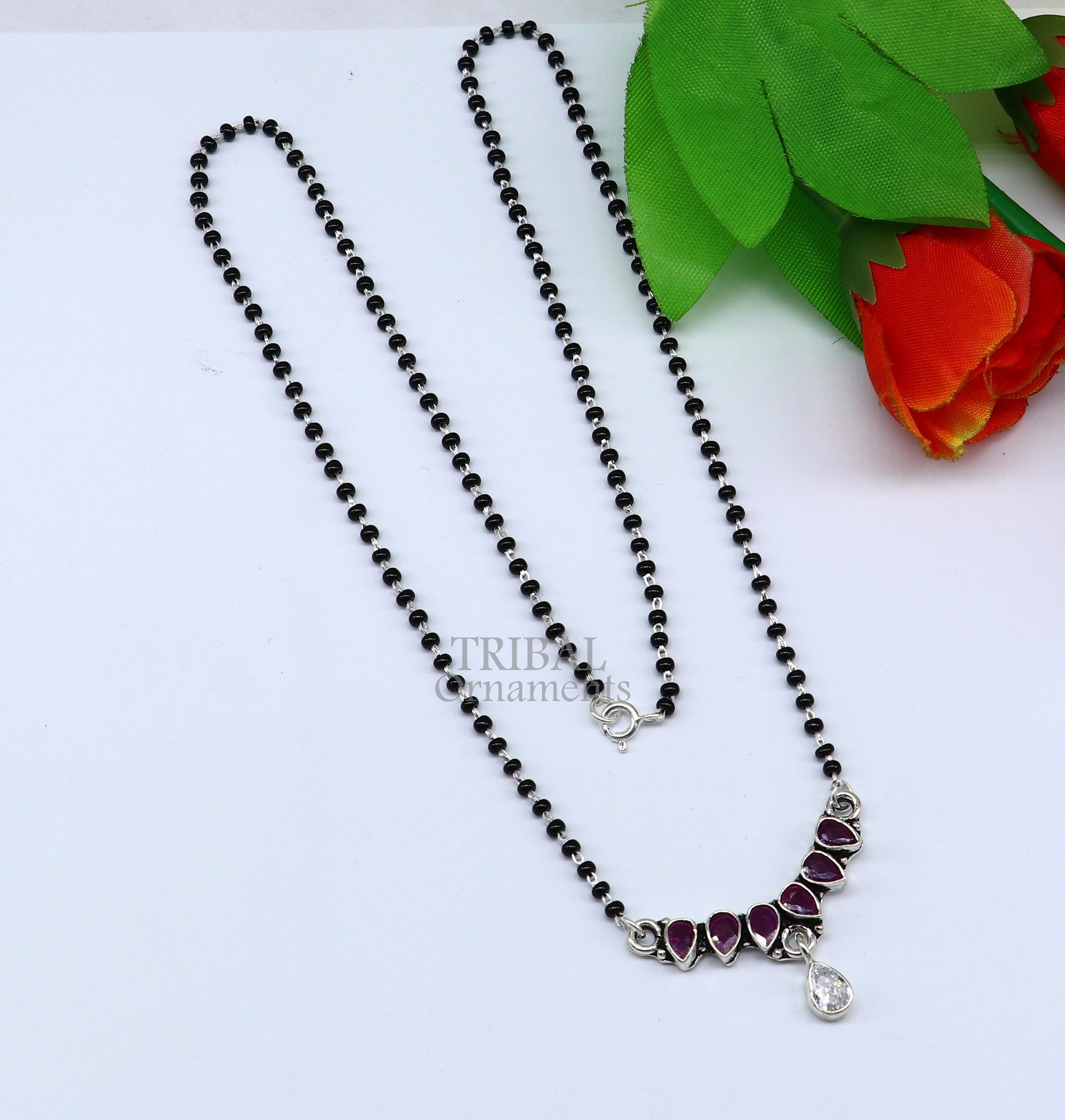 925 sterling silver black beads chain Trendy necklace, gorgeous flower design pendant, traditional style brides Mangalsutra necklace MS02 - TRIBAL ORNAMENTS