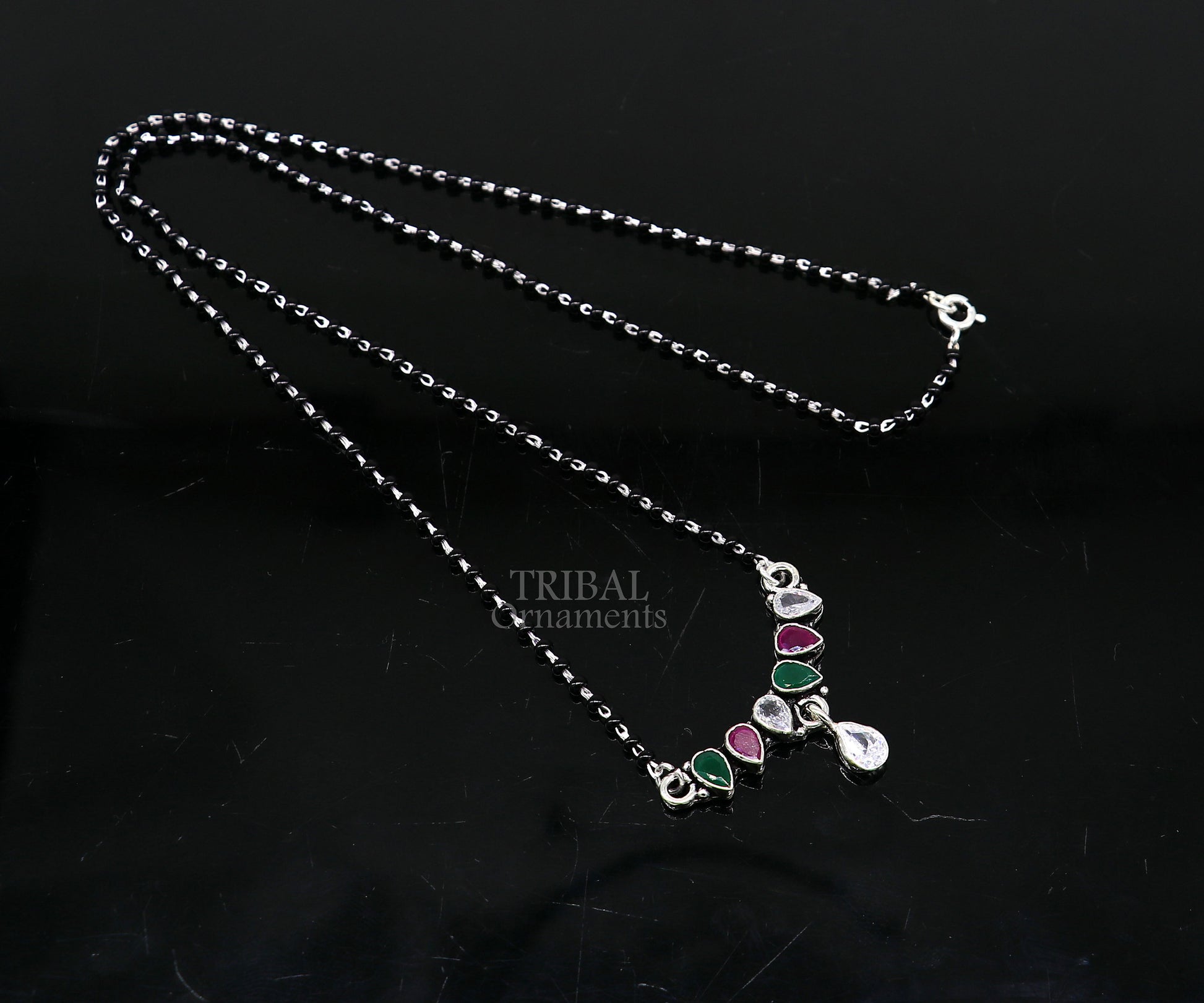 925 sterling silver black beads chain Trendy necklace, gorgeous multicolor stone pendant, traditional style brides Mangalsutra necklace MS04 - TRIBAL ORNAMENTS