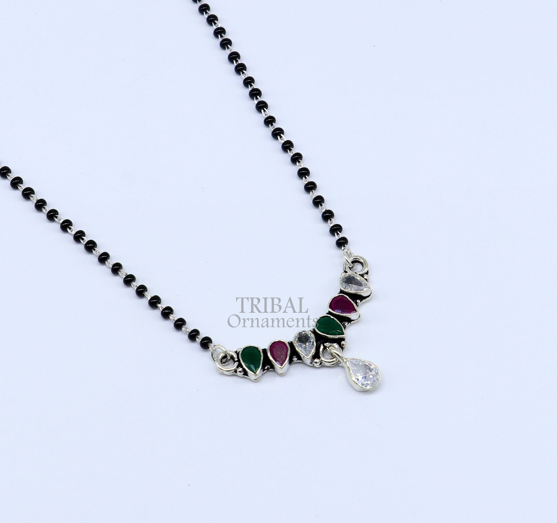 925 sterling silver black beads chain Trendy necklace, gorgeous multicolor stone pendant, traditional style brides Mangalsutra necklace MS04 - TRIBAL ORNAMENTS