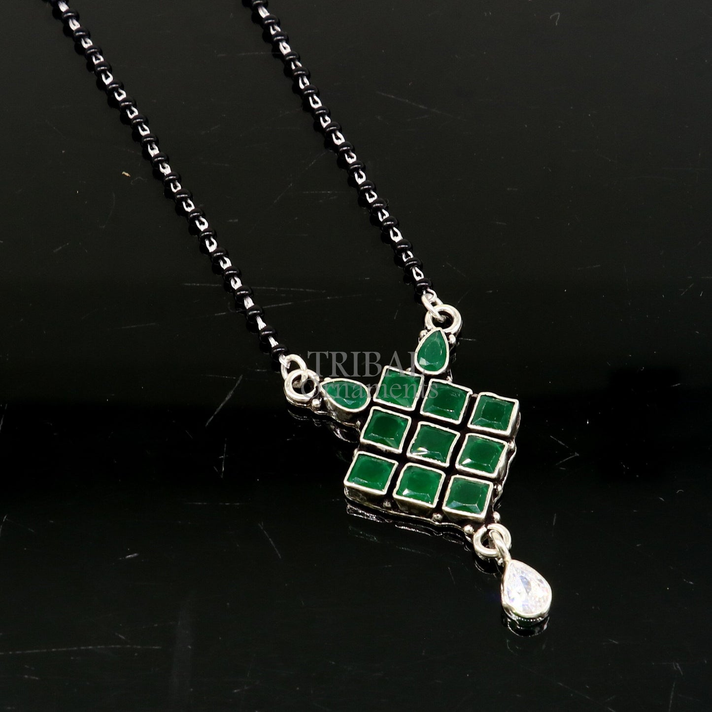 925 sterling silver green stone pendant mangasutra, gorgeous trendy design pendant, traditional style brides mangalsutra necklace ms06 - TRIBAL ORNAMENTS