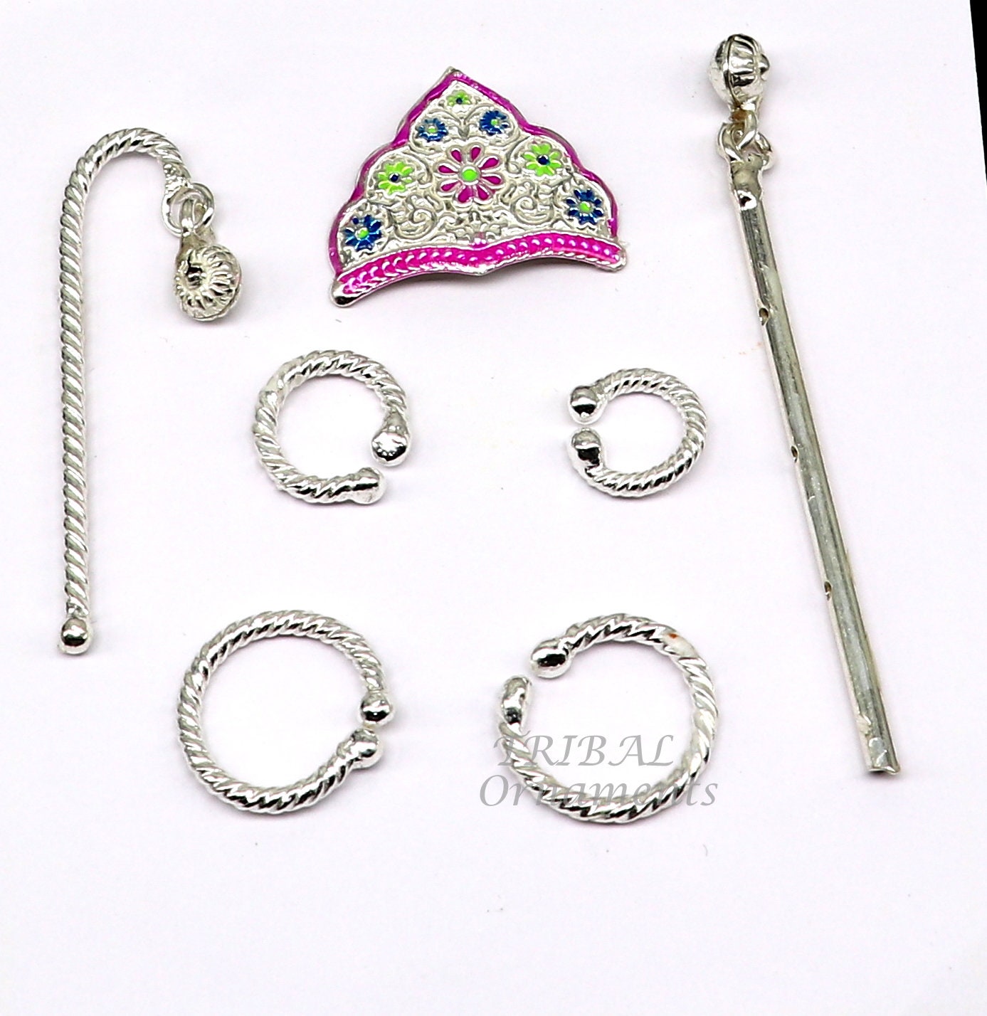 925 sterling silver handmade lord krishna laddu gopala jewelry set, bracelet, anklets, flute, mukut, best baby krishna jewlery su1005 - TRIBAL ORNAMENTS