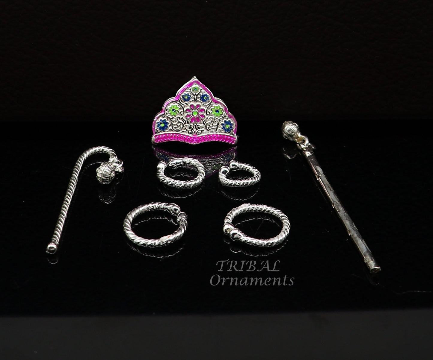 925 sterling silver handmade lord krishna laddu gopala jewelry set, bracelet, anklets, flute, mukut, best baby krishna jewlery su1005 - TRIBAL ORNAMENTS