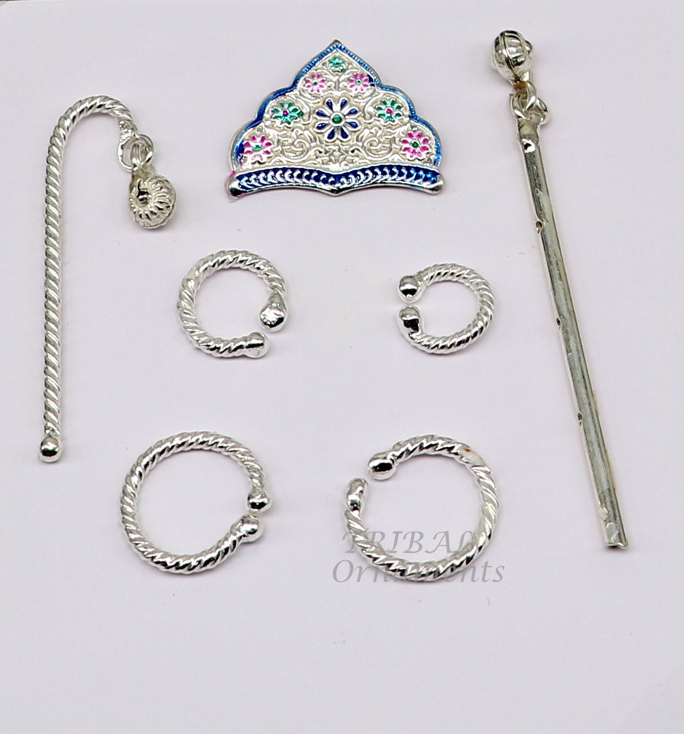 925 sterling silver handmade lord krishna laddu gopala jewelry set, bracelet, anklets, flute, mukut, best baby krishna jewlery su1006 - TRIBAL ORNAMENTS