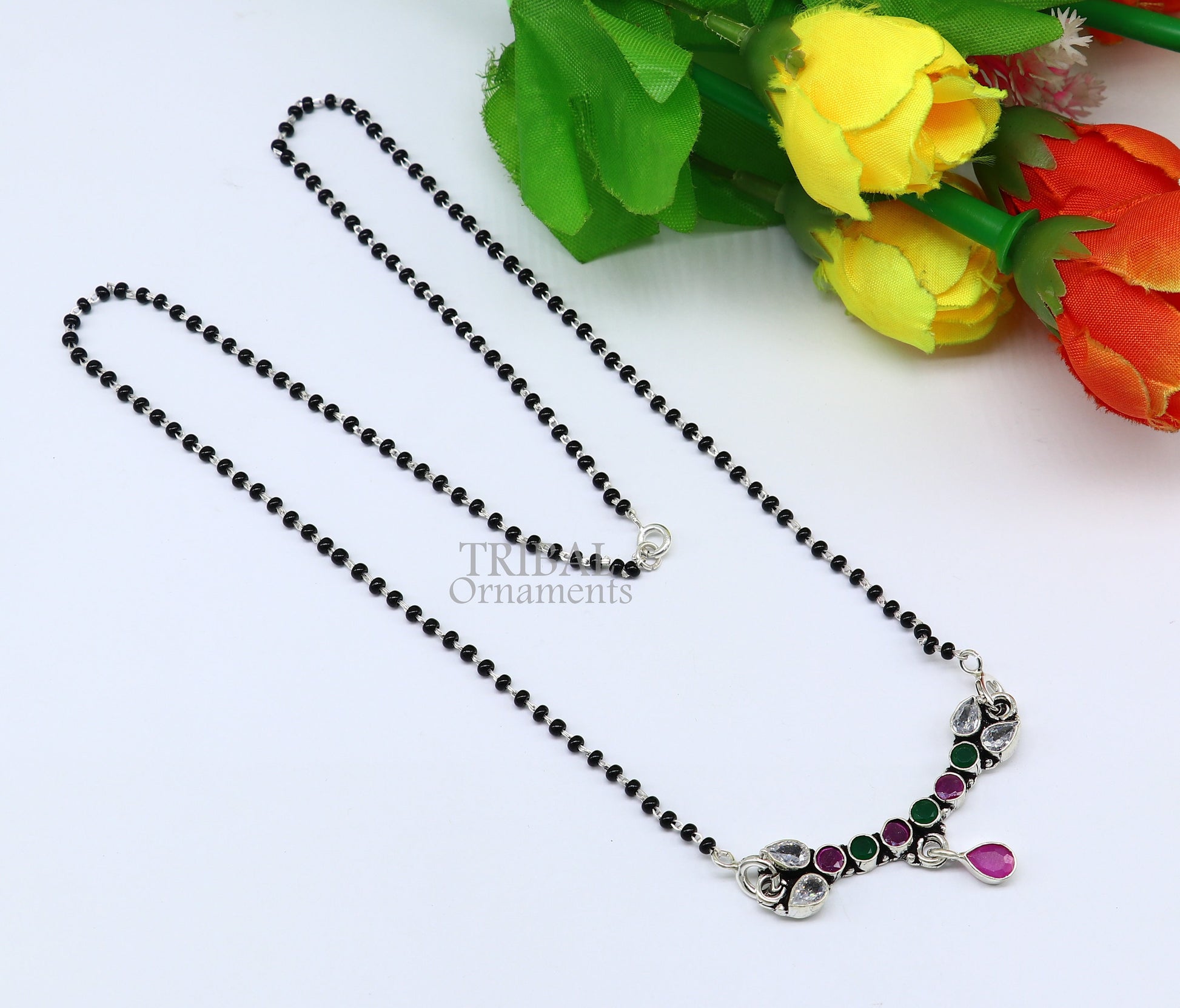Green and red cut stone elegant pendant 925 sterling silver black beads chain necklace, traditional style brides Mangalsutra necklace ms14 - TRIBAL ORNAMENTS
