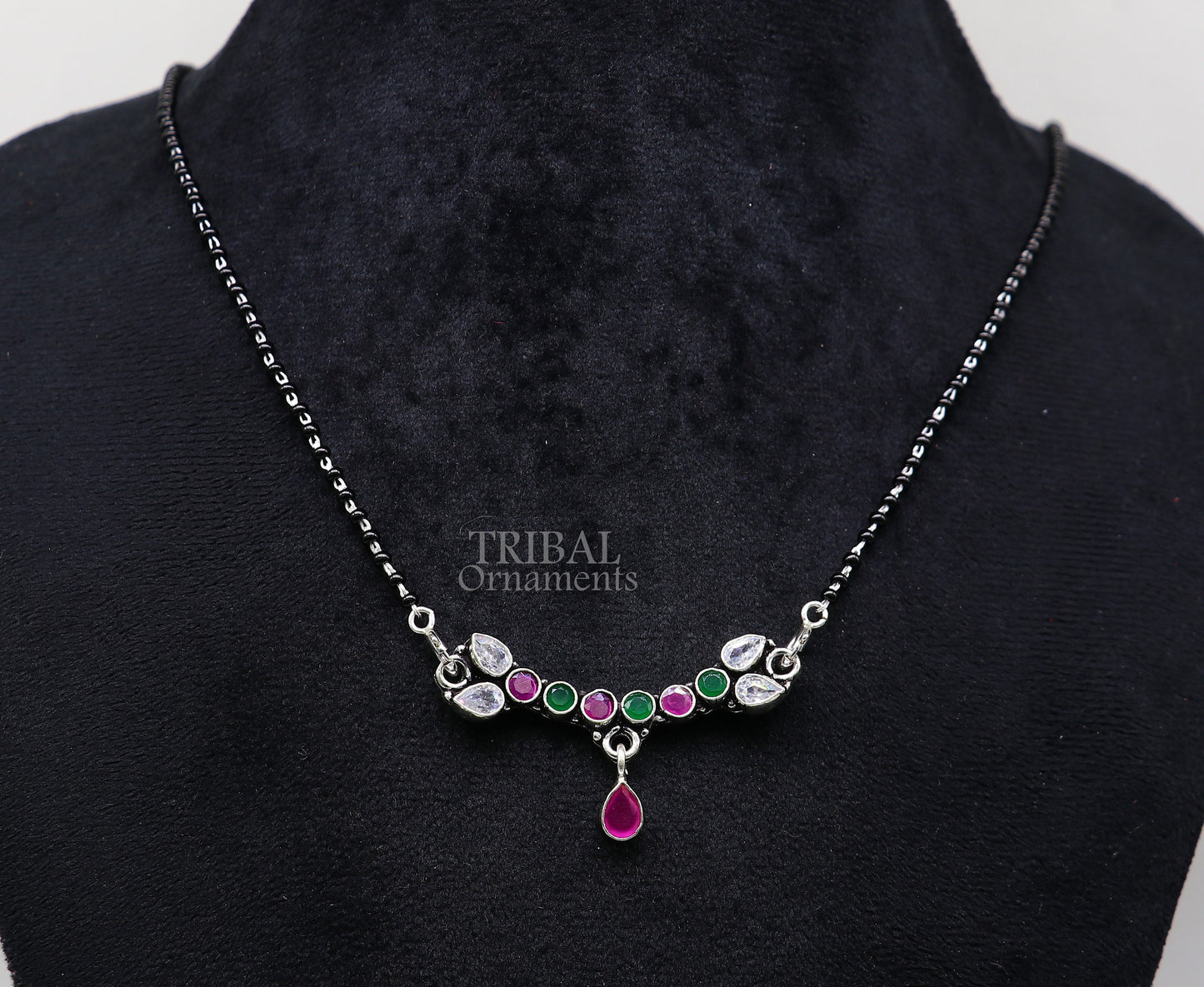 Green and red cut stone elegant pendant 925 sterling silver black beads chain necklace, traditional style brides Mangalsutra necklace ms14 - TRIBAL ORNAMENTS
