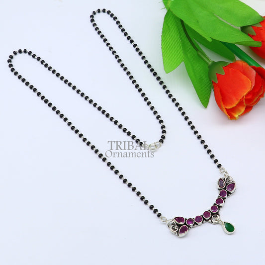 Trendy Red cut stone mangalsutra pendant 925 sterling silver black beads chain necklace, traditional style brides Mangalsutra necklace ms16 - TRIBAL ORNAMENTS