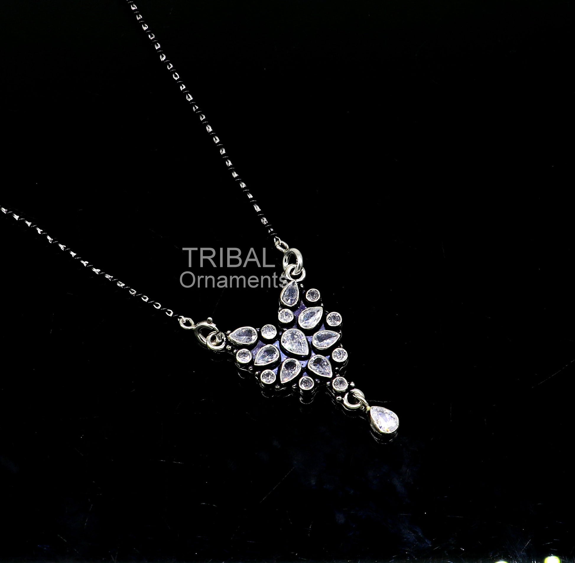 Awesome 925 sterling silver black beads chain necklace, gorgeous flower design pendant, traditional style brides mangalsutra necklace ms18 - TRIBAL ORNAMENTS