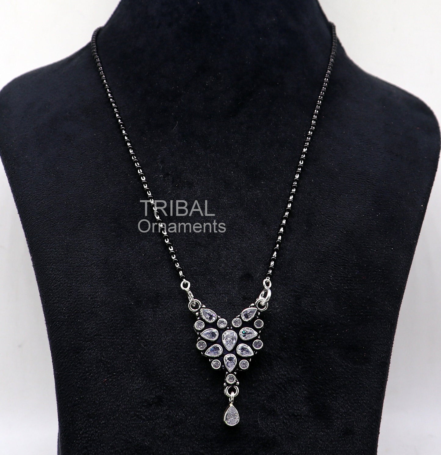 Awesome 925 sterling silver black beads chain necklace, gorgeous flower design pendant, traditional style brides mangalsutra necklace ms18 - TRIBAL ORNAMENTS
