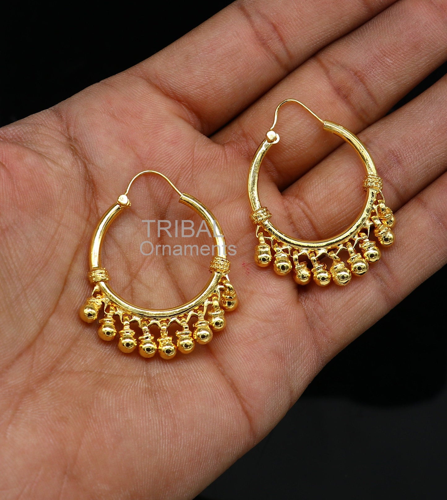 Vintage antique design handmade 925 sterling silver gorgeous gold polished hoops boho earrings bali with bells tribal Banjara jewelry s1147 - TRIBAL ORNAMENTS