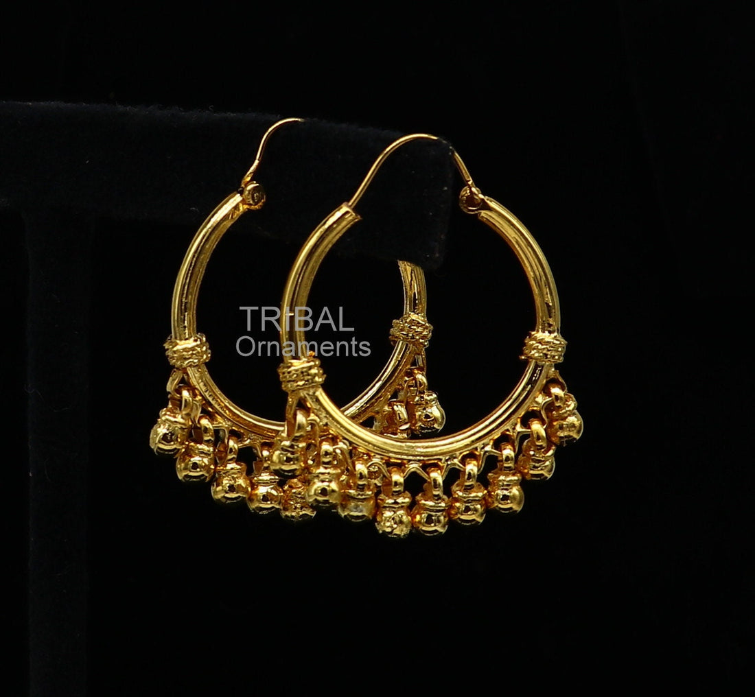 Vintage antique design handmade 925 sterling silver gorgeous gold polished hoops boho earrings bali with bells tribal Banjara jewelry s1147 - TRIBAL ORNAMENTS