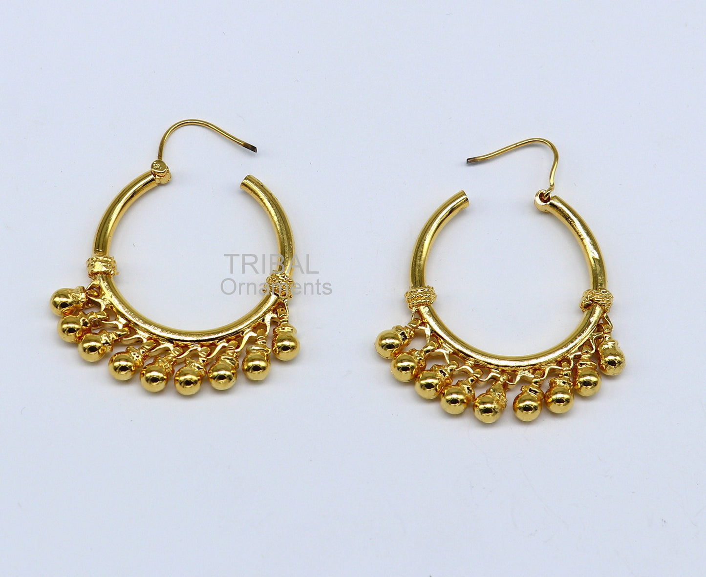 Vintage antique design handmade 925 sterling silver gorgeous gold polished hoops boho earrings bali with bells tribal Banjara jewelry s1147 - TRIBAL ORNAMENTS