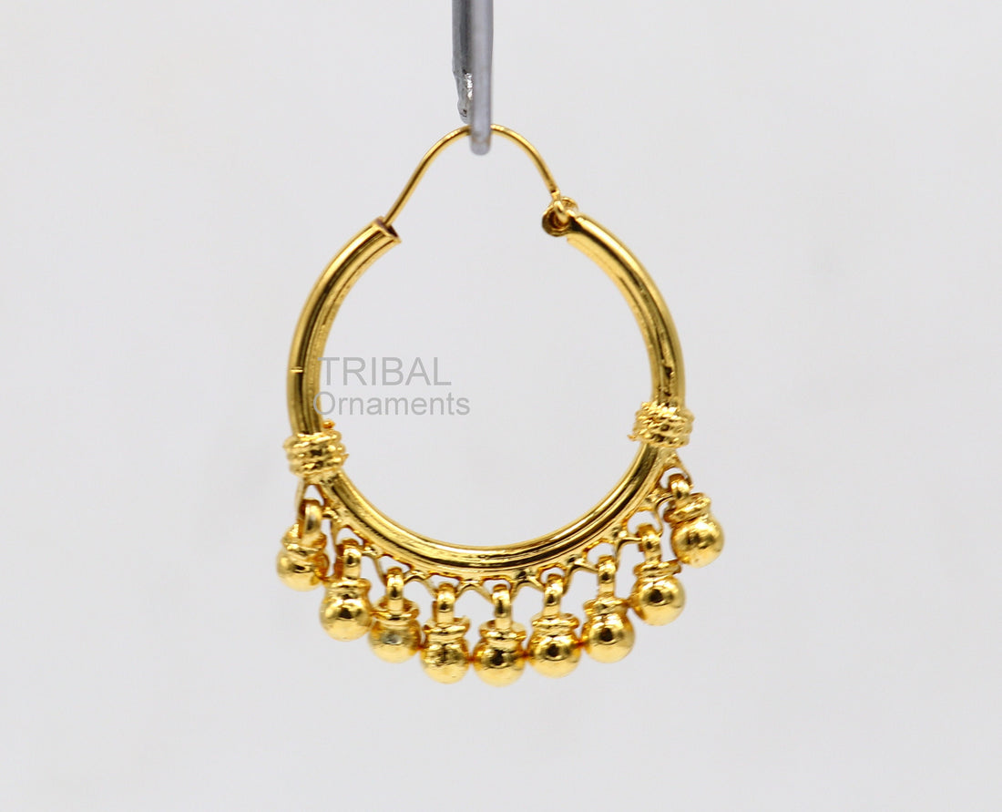 Vintage antique design handmade 925 sterling silver gorgeous gold polished hoops boho earrings bali with bells tribal Banjara jewelry s1147 - TRIBAL ORNAMENTS